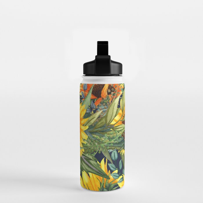 Festive, Sunflower, Yellow and Green on Navy Blue, Floral Prints Water Bottle Gallery Image 2