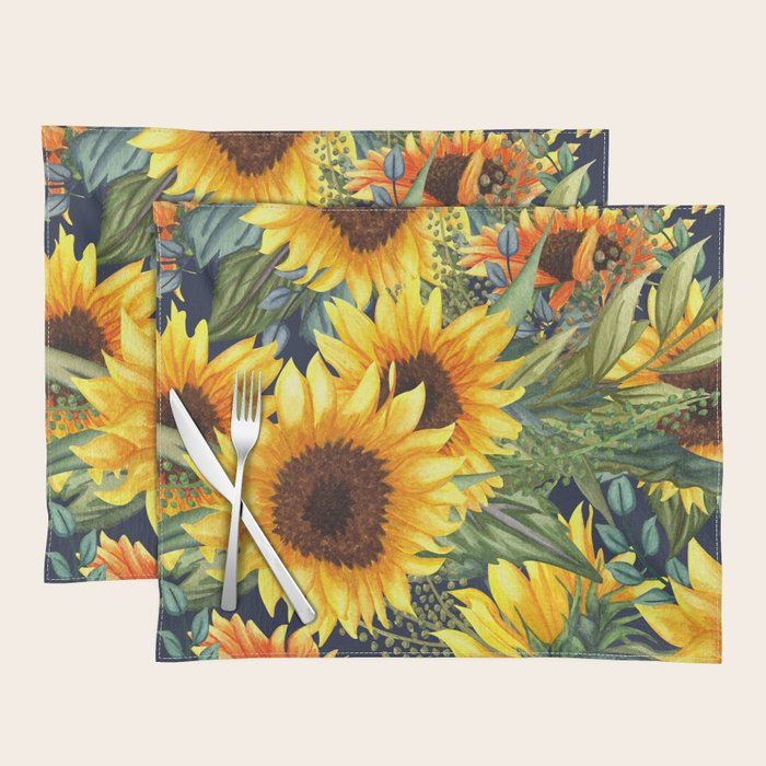 Festive, Sunflower, Yellow and Green on Navy Blue, Floral Prints Placemat Gallery Image 1