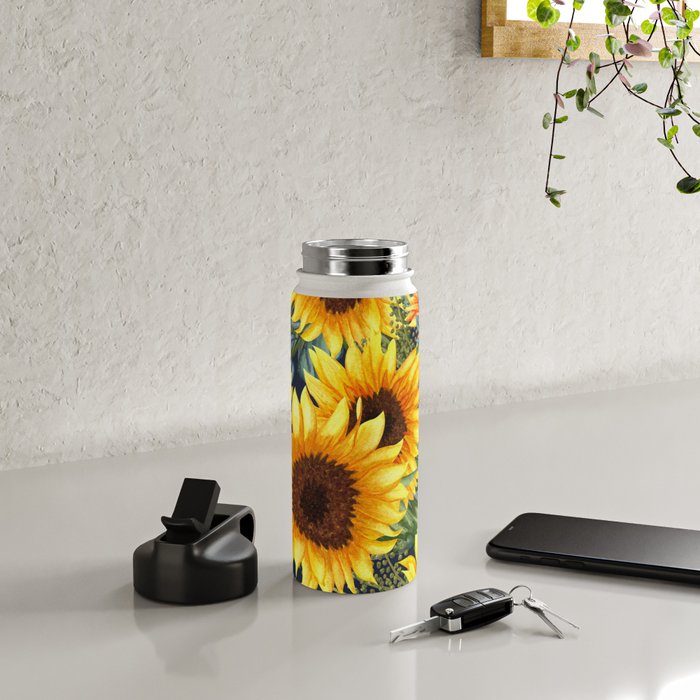 Festive, Sunflower, Yellow and Green on Navy Blue, Floral Prints Water Bottle Gallery Image 4