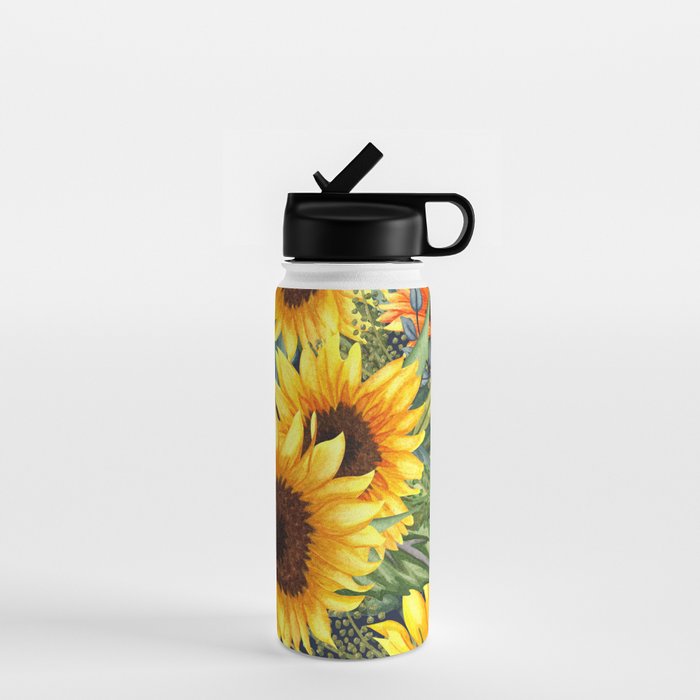 Festive, Sunflower, Yellow and Green on Navy Blue, Floral Prints Water Bottle Gallery Image 1