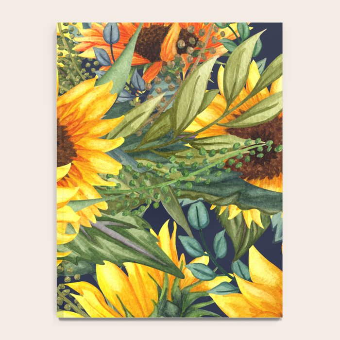 Festive, Sunflower, Yellow and Green on Navy Blue, Floral Prints Notebook Gallery Image 4