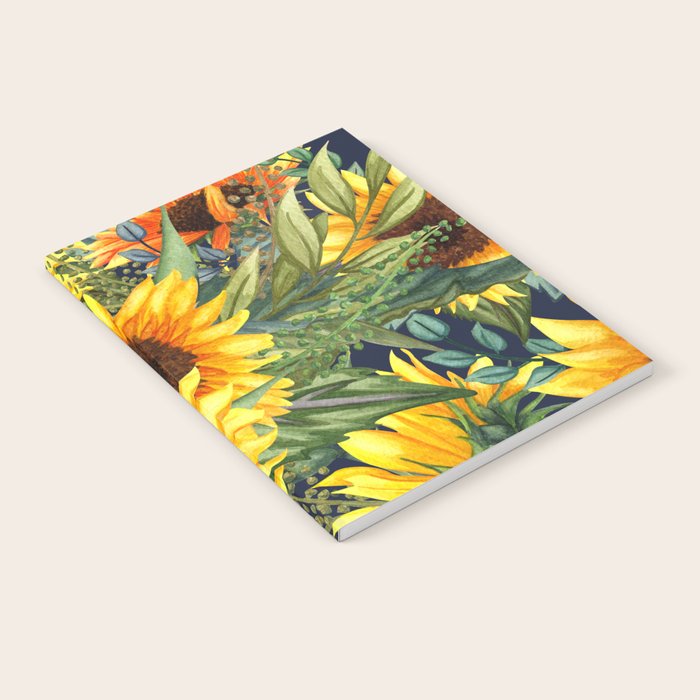 Festive, Sunflower, Yellow and Green on Navy Blue, Floral Prints Notebook Gallery Image 1