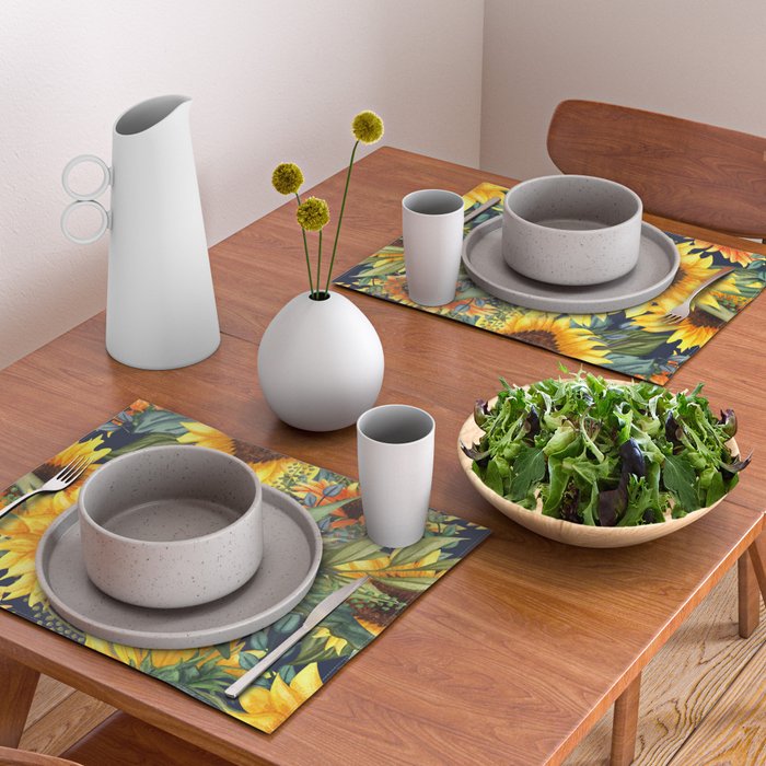 Festive, Sunflower, Yellow and Green on Navy Blue, Floral Prints Placemat Gallery Image 2