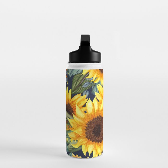 Festive, Sunflower, Yellow and Green on Navy Blue, Floral Prints Water Bottle Gallery Image 3