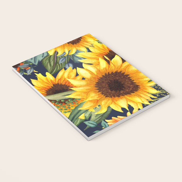 Festive, Sunflower, Yellow and Green on Navy Blue, Floral Prints Notebook Gallery Image 3
