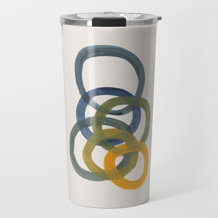Minimalist Mid Century Modern Colorful Rings Navy Blue Yellow Olive Green Spirals by Ejaaz Haniff Travel Mug Gallery Image 1