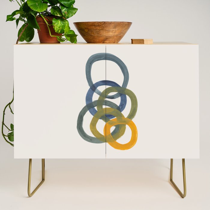 Minimalist Mid Century Modern Colorful Rings Navy Blue Yellow Olive Green Spirals by Ejaaz Haniff Credenza Gallery Image 1