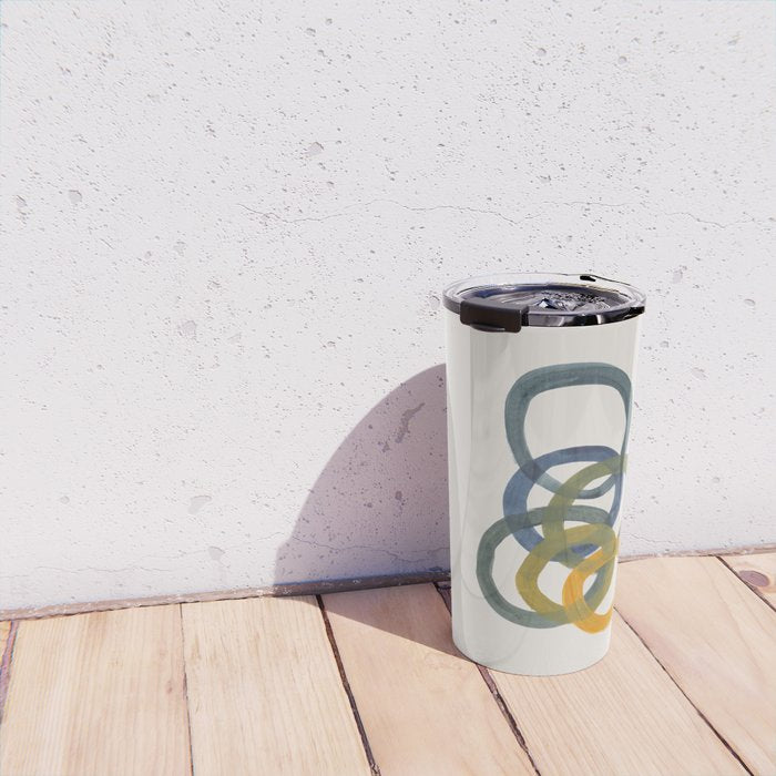 Minimalist Mid Century Modern Colorful Rings Navy Blue Yellow Olive Green Spirals by Ejaaz Haniff Travel Mug Gallery Image 4