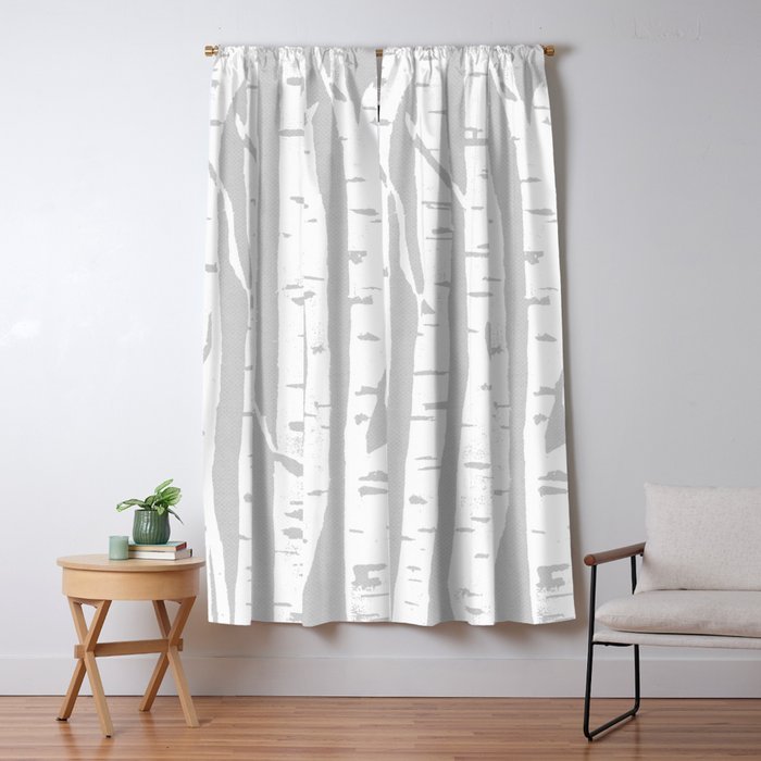 Woodcut Birches Grey Window Curtain