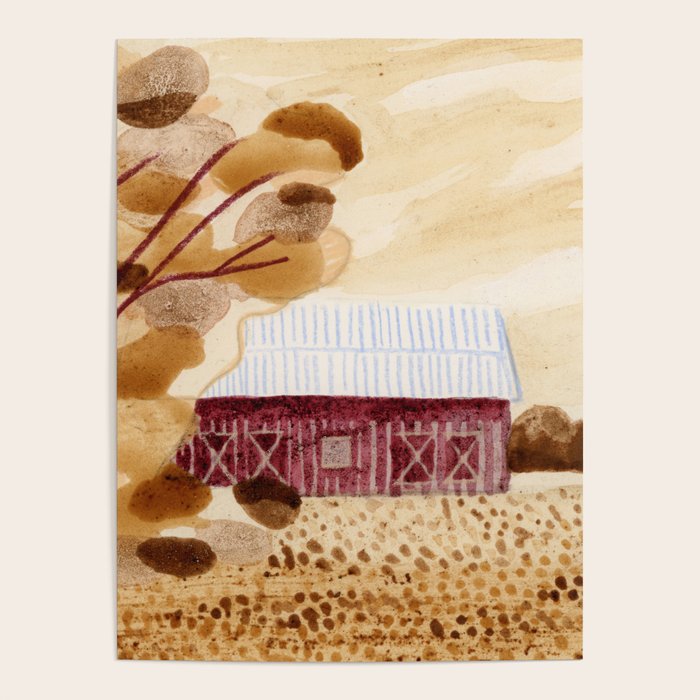 Rustic Country Barn Painting in Yellow Ochre & Brown Poster Gallery Image 4