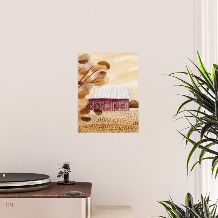 Rustic Country Barn Painting in Yellow Ochre & Brown Poster Gallery Image 2