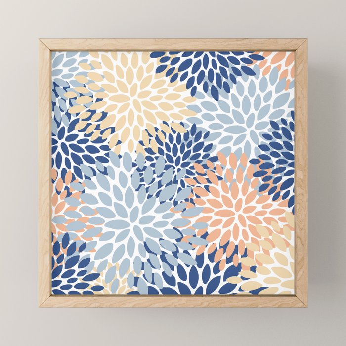 Festive, Floral Print, Coral, Peach, Light Blue, Navy Mini Art Print Gallery Image 1