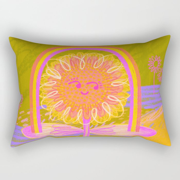 Retro Sunflower & Rainbow in Green & Pink Rectangular Pillow Gallery Image 1