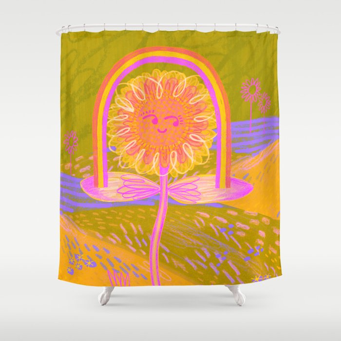Retro Sunflower & Rainbow in Green & Pink Shower Curtain Gallery Image 1