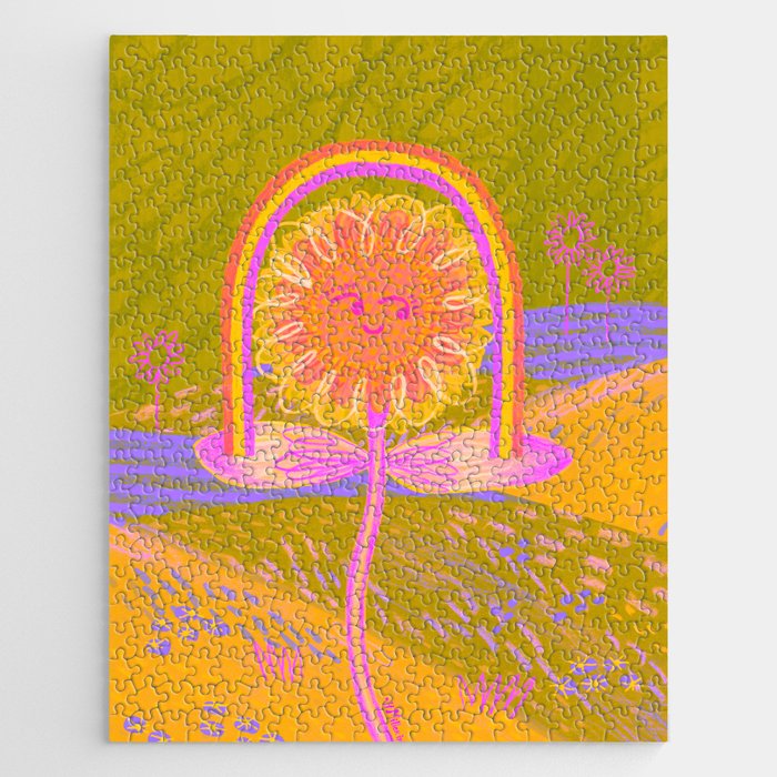 Retro Sunflower & Rainbow in Green & Pink Jigsaw Puzzle Gallery Image 1