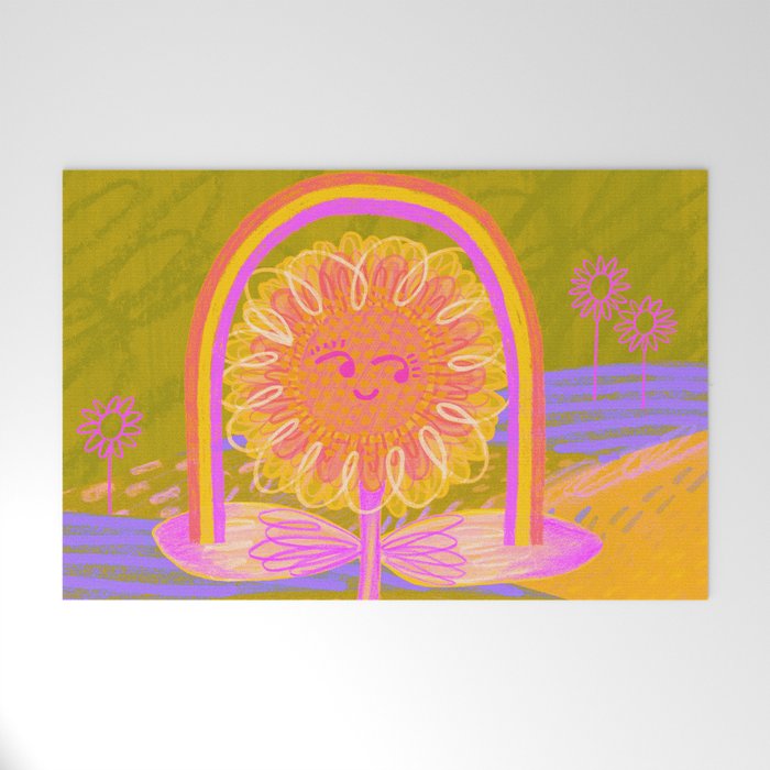 Retro Sunflower & Rainbow in Green & Pink Welcome Mat Gallery Image 1