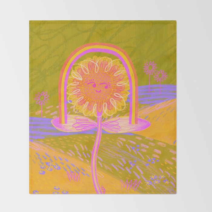 Retro Sunflower & Rainbow in Green & Pink Throw Blanket Gallery Image 2