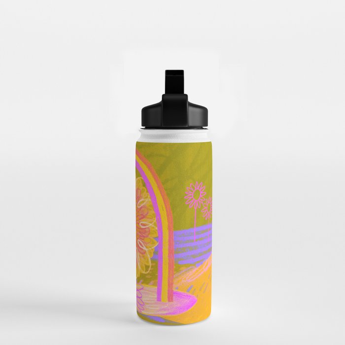 Retro Sunflower & Rainbow in Green & Pink Water Bottle Gallery Image 2