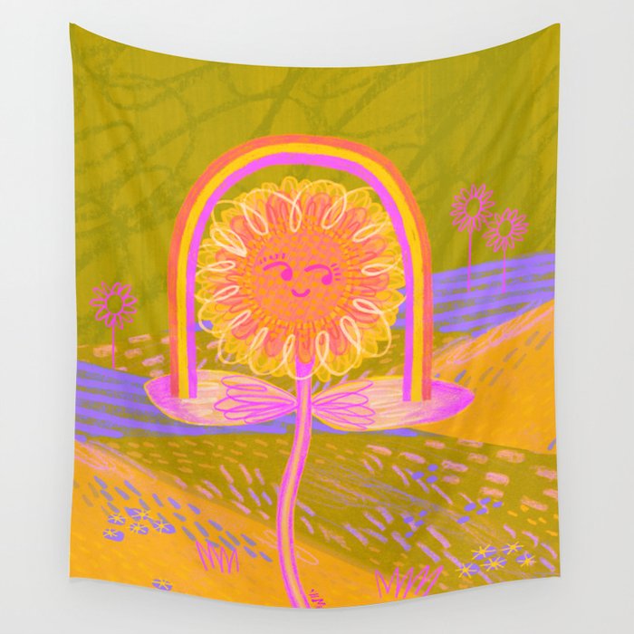 Retro Sunflower & Rainbow in Green & Pink Wall Tapestry Gallery Image 1