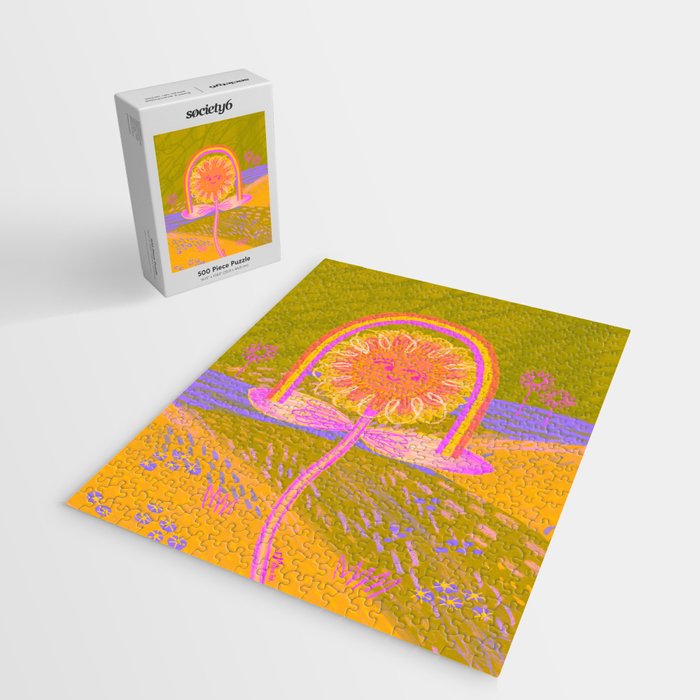 Retro Sunflower & Rainbow in Green & Pink Jigsaw Puzzle Gallery Image 2