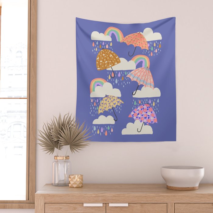 Spring Rain with Umbrellas Wall Tapestry Gallery Image 2
