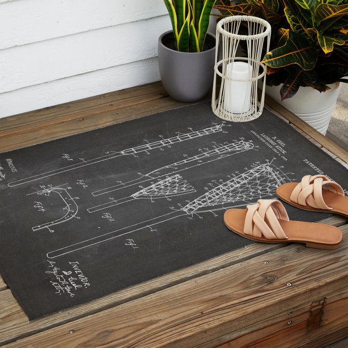 Lacrosse Stick Patent - Lacrosse Player Art - Black Chalkboard Outdoor Rug Gallery Image 2