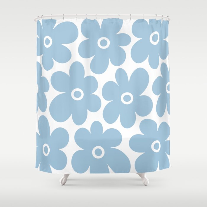 Retro Flowers Blue and White Shower Curtain Gallery Image 1