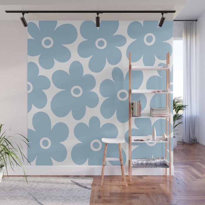 Retro Flowers Blue and White Wall Mural Gallery Image 1