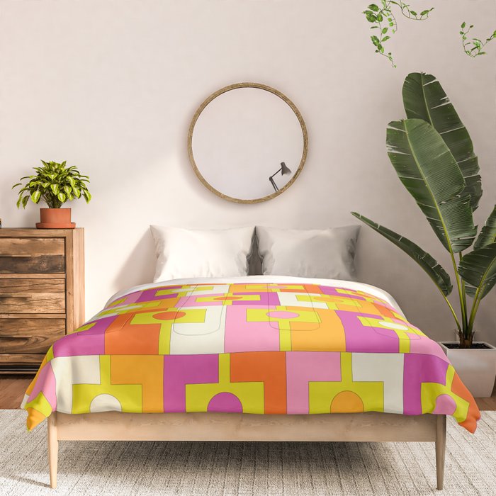 Colorful Retro Geometric Rektangel Pattern Pink Orange Yellow Comforter Gallery Image 3