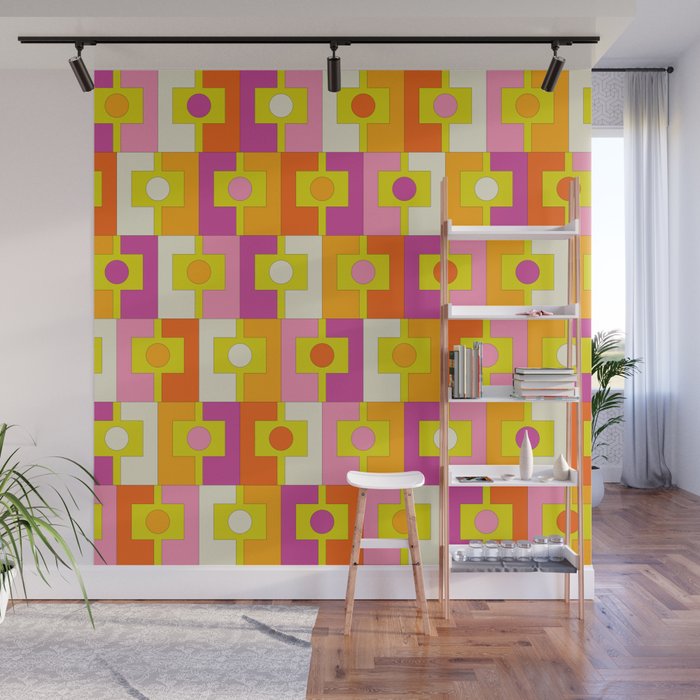 Colorful Retro Geometric Rektangel Pattern Pink Orange Yellow Wall Mural Gallery Image 1