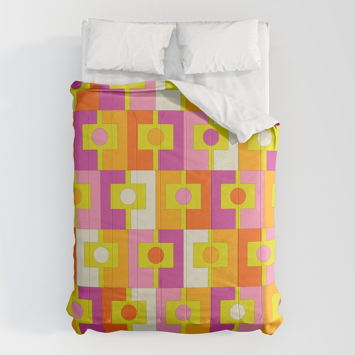 Colorful Retro Geometric Rektangel Pattern Pink Orange Yellow Comforter Gallery Image 1