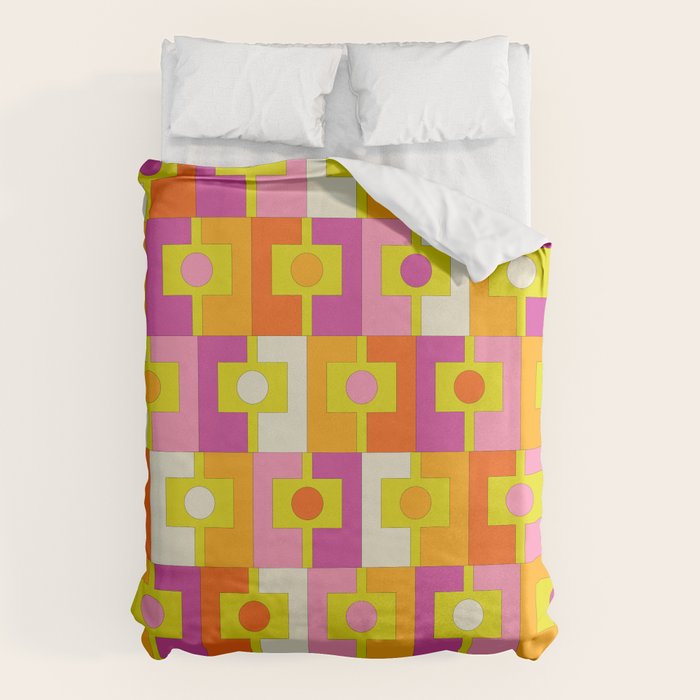 Colorful Retro Geometric Rektangel Pattern Pink Orange Yellow Duvet Cover Gallery Image 1