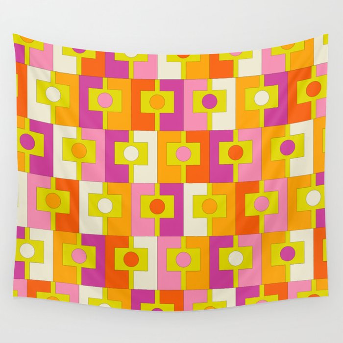 Colorful Retro Geometric Rektangel Pattern Pink Orange Yellow Wall Tapestry Gallery Image 1