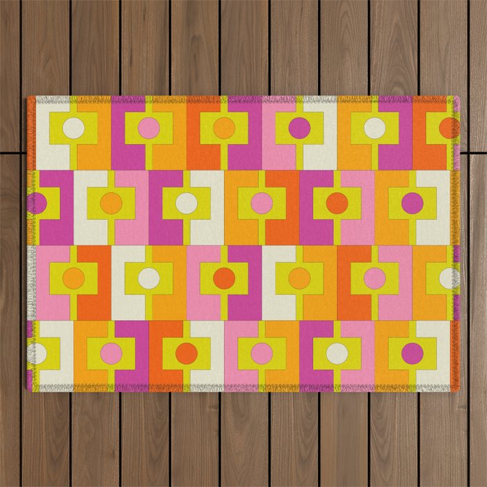 Colorful Retro Geometric Rektangel Pattern Pink Orange Yellow Outdoor Rug Gallery Image 1
