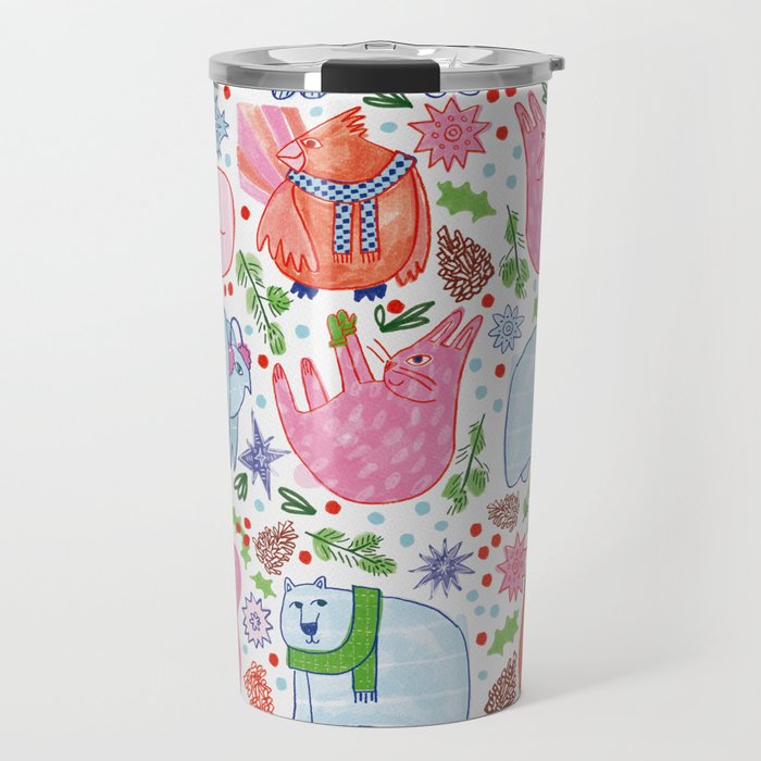 Winter Forest Woodland Animals in Pink & Blue Travel Mug Gallery Image 1
