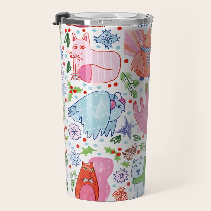 Winter Forest Woodland Animals in Pink & Blue Travel Mug Gallery Image 3
