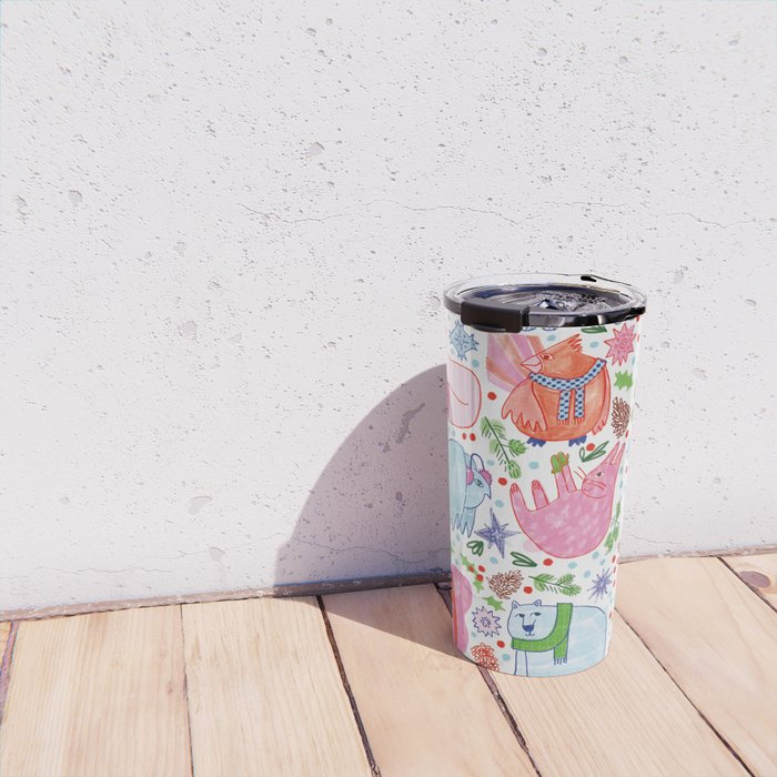 Winter Forest Woodland Animals in Pink & Blue Travel Mug Gallery Image 4