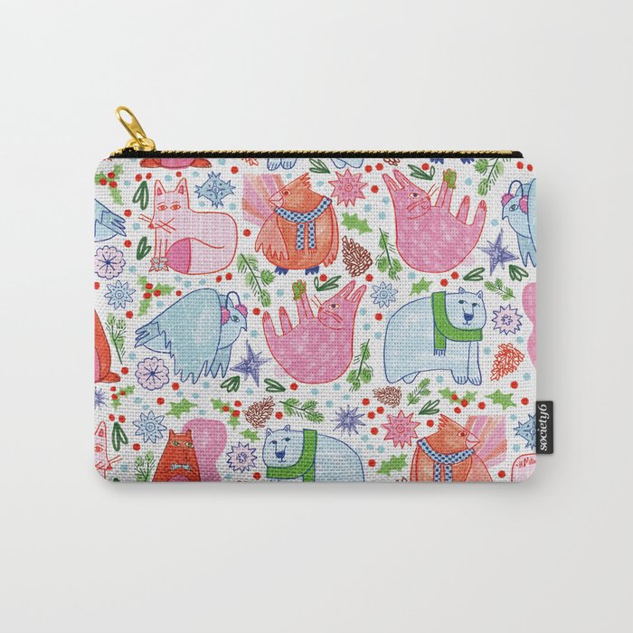 Winter Forest Woodland Animals in Pink & Blue Carry All Pouch Gallery Image 1