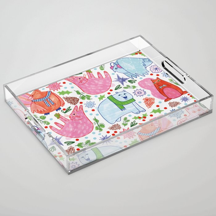 Winter Forest Woodland Animals in Pink & Blue Acrylic Tray Gallery Image 1