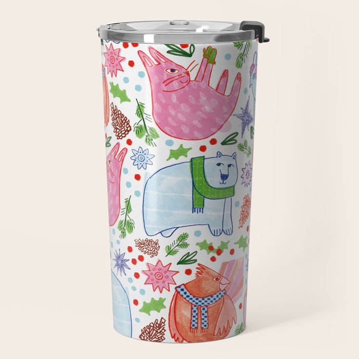 Winter Forest Woodland Animals in Pink & Blue Travel Mug Gallery Image 2