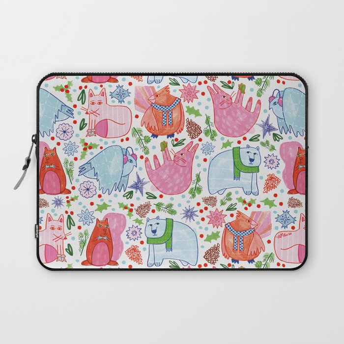 Winter Forest Woodland Animals in Pink & Blue Laptop Sleeve Gallery Image 1