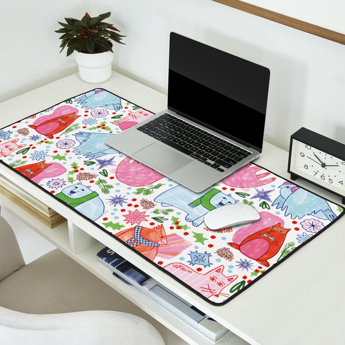 Winter Forest Woodland Animals in Pink & Blue Desk Mat Gallery Image 2