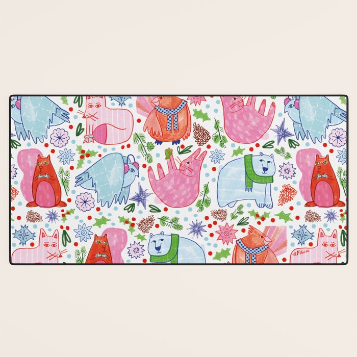 Winter Forest Woodland Animals in Pink & Blue Desk Mat Gallery Image 3