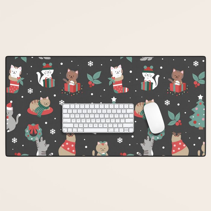Christmas Festive Cute Holiday Kittens on Dark Desk Mat Gallery Image 1