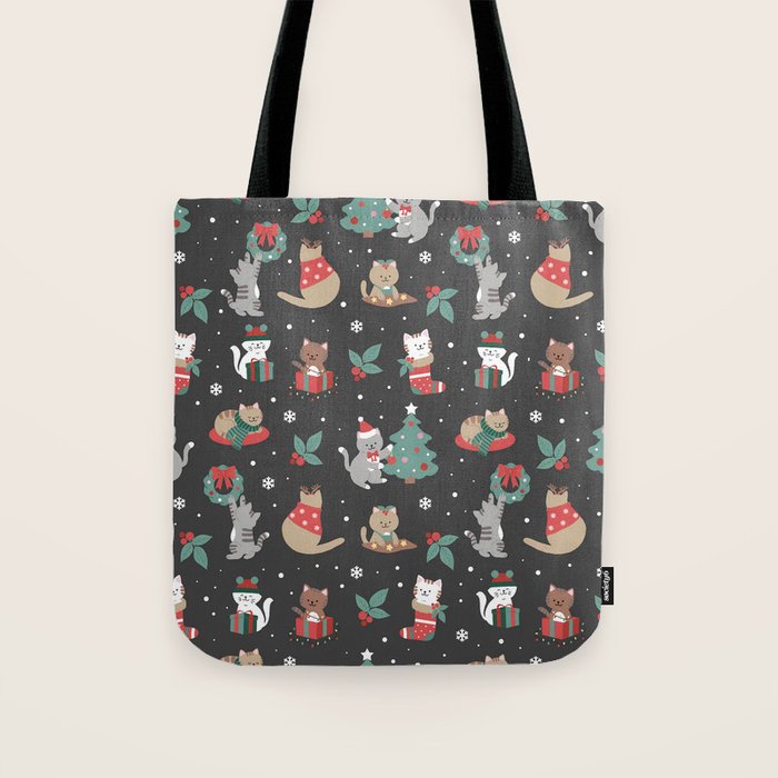 Christmas Festive Cute Holiday Kittens on Dark Tote Bag Gallery Image 1