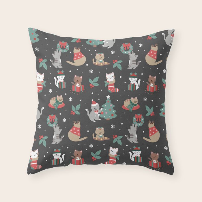 Christmas Festive Cute Holiday Kittens on Dark Throw Pillow Gallery Image 6