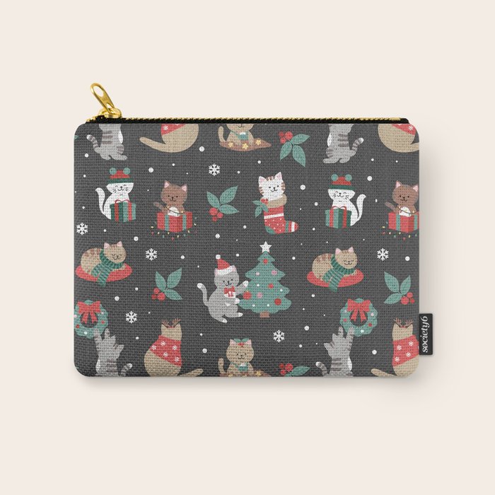 Christmas Festive Cute Holiday Kittens on Dark Carry All Pouch Gallery Image 1