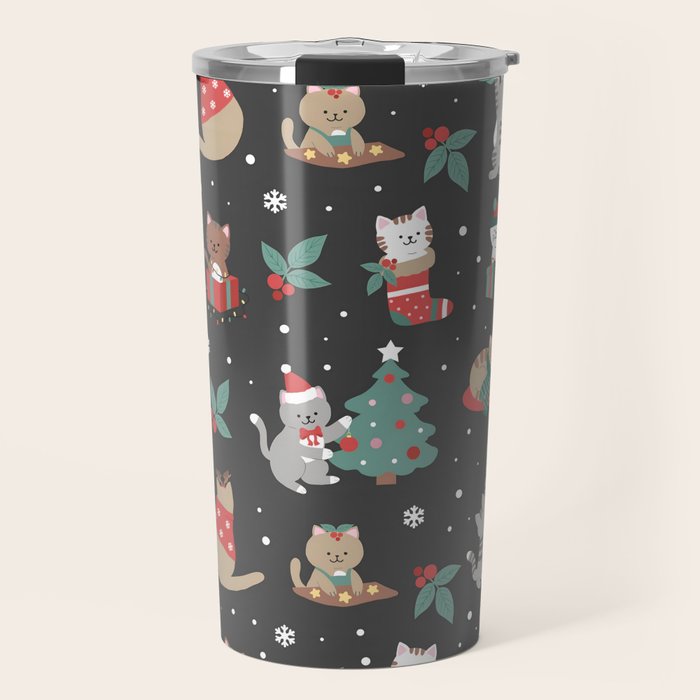 Christmas Festive Cute Holiday Kittens on Dark Travel Mug Gallery Image 1