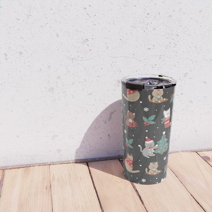 Christmas Festive Cute Holiday Kittens on Dark Travel Mug Gallery Image 4