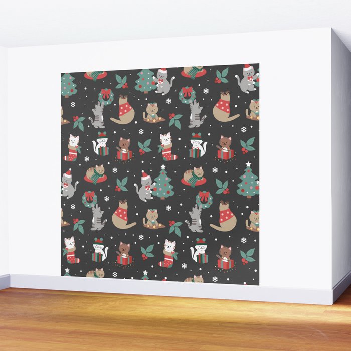 Christmas Festive Cute Holiday Kittens on Dark Wall Mural Gallery Image 2